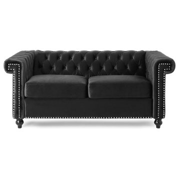 Timber Contemporary Button Tufted Loveseat with Nailhead Trim, Black and Dark Br