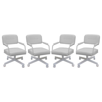 Set of 4, Swivel Metal Caster Dining Chairs M-110, White Vinyl on White