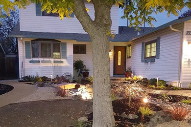 Mid-sized traditional front yard shaded garden in San Francisco with with rock feature and gravel.