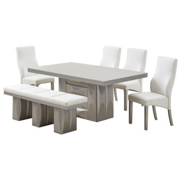 Astra 6 Piece Dining Set, Champagne Wood and White Vinyl, Table, 4 Chairs, Bench