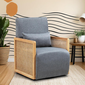 Modern Accent Chair, Swiveling Linen Upholstered Seat & Rattan Sides, Gray