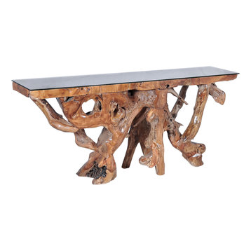 Teak Wood Root Console Table/Sofa Table With Glass Top, 72"