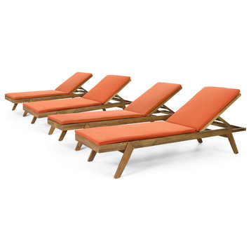 Larimore Outdoor Acacia Wood Chaise Lounge with Cushions (Set of 4), Orange + Teak