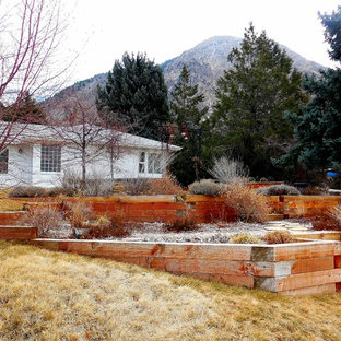 Mittelgroßer Eklektischer Vorgarten im Winter mit direkter Sonneneinstrahlung, Natursteinplatten und Gartenmauer in Salt Lake City