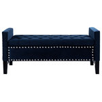 Inspired Home - Grace Velvet Button Tufted With Silver Nailhead Trim Storage Bench, Navy - Our velvet storage bench combines functionality and style for your living room or bedroom. This multipurpose piece can be an ottoman, seating in your living room, or functional pop of color at foot of your bed. It exudes comfort and convenience on a daily basis. Featuring buttery soft velvet, silver decorative nail head trim, comfortable button tufted high density foam seating, solid birch legs, a spacious hidden storage compartment with an adjustable safety hinged storage lid, making it kid friendly and perfect for keeping books, magazines and other trappings out of sight. This modern accent piece blends harmoniously with any home furnishing and decor.