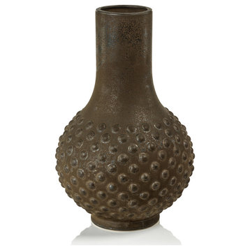 Vigan Long Neck Earthenware Vase, Stained Metallic