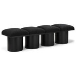 Meridian Furniture - Pavilion Black Boucle Fabric Bench, Black, Black Finish, 62" W X 18" D X 17.5" H - Bring valuable seating and remarkable style to your space with this black Pavilion Boucle Fabric Bench, an exquisite balance of style and usability for the entryway, bedroom, and beyond. Crafted from oak veneer with a black finish, this bench has a 4-inch-thick seat cushion that's channel-tufted for a touch of luxury. The bench's columnar bases add a dash of Art Deco design, making it a captivating focal point in any room.