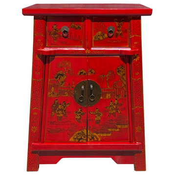 Chinese Rustic Bright Red Golden Graphic End Table Nightstand Hcs7335