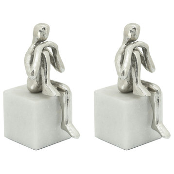 Metal/Marble Set of 2 Sitting Leg Up Bookends, Silver