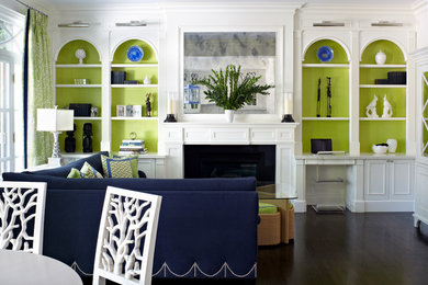 Inspiration for a transitional dark wood floor family room remodel in Toronto with white walls