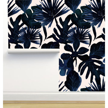 Tropical Leaves Midnight Blue Wallpaper, Sample 12"x8"