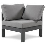 Meridian Furniture - Nizuc Water Resistant Patio Modular Chair, Gray, Dark Gray Aluminum Frame, Corner Chair - Pick and choose your favorites from the Nizuc collection to create a modular seating group the whole gang will enjoy. The sturdy aluminum frame provides dependable support for friends and family as they relax and unwind, and the resilient grey water resistant fabric stands up to the elements without losing its beautiful demeanor, so you can count on it lasting for the long haul. Latches beneath these seating pieces help you easily attach them to one another for convenient setup.