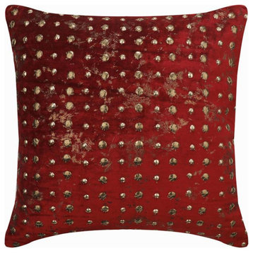 Red 16"x16" Beaded, Dotted Gold Foil Velvet Pillow Cover - Wheeling Around Red