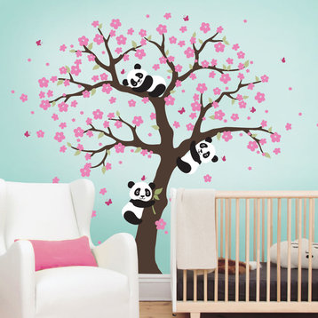 Panda and Cherry Blossom Tree Wall Decal, Scheme A