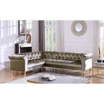 Transitional Sectional Sofa, Button Tufted Velvet Seat With Rolled Arms, Taupe