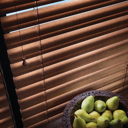 Rustic Brown Dining Room Custom Window Horizontal Blinds by Hunter Douglas - Venetian Blinds
