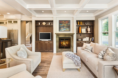 Mid-sized transitional formal and open concept dark wood floor living room photo in Richmond with beige walls, a standard fireplace, a tile fireplace and a media wall