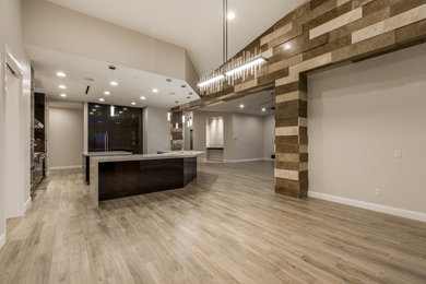 Example of a minimalist porcelain tile kitchen design in Las Vegas with a farmhouse sink