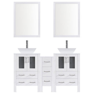 Modern Bathroom Vanity Set With Mirror and Sink, White, 60"
