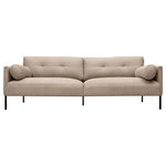 Armen Living - Michalina 84" Beige Fabric Sofa with Black Metal Legs - Invite sophisticated style and a dose of comfort to your living space with our Michalina Fabric Sofa with Black Metal Legs. Elegant details and crisp upholstery of the sofa vouch for a sophisticated and mid-century modern appeal. A button tufting upon the back adds a dose of charm and character to our modern couch. It is perched upon a black metallic base to make your room appear open and airy. Completed with a deep seat and generous cushioning, the sofa offers a comfy spot to relax and unwind. It includes 2 throw pillows to offer end-to-end comfort in your family and can easily be used in your living room, family den, home office, or home theater. With a sleek and elegant profile, our sofa can easily become a refined and functional gathering spot for your friends and family. Available in a variety of colors and materials, the Michalina Sofa comes in fossil gray velvet, beige, or gray Fabric with Black Metal Legs.