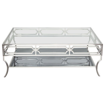 Cocktail Table with Clear Glass Top Mirrored Shelf & Stainless Steel Frame
