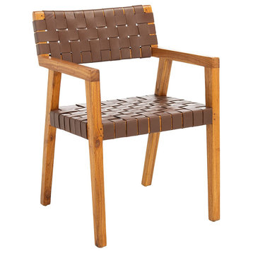 Contemporary Dining Chair, Mindi Wooden Frame With Brown Leather Woven Seat