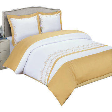 Amalia Cotton Embroidered Duvet Cover Set, Gold and White, Full/Queen