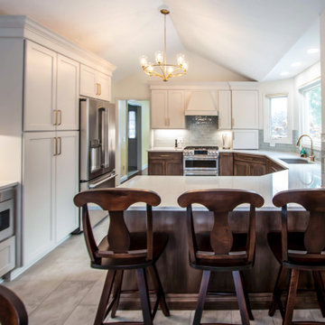 Two Tone Kitchen with Wood & Irish Creme Painted Cabinets w/ Quartz Countertop