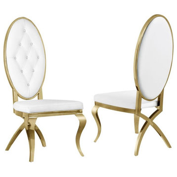 Maklaine White Faux Leather Dining Chairs w/ Gold Stainless Steel (Set of 2)
