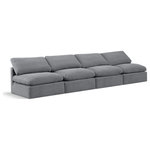 Meridian Furniture - Indulge Upholstered Modular Sofa, Grey, 4-Piece: 4 Armless Chair, Down Stuffed Velvet - Experience ultimate comfort and style with our grey velvet Indulge Sofa. The luxurious velvet will elevate the aesthetic of any room. This sofa provides ample space for you to relax while its modular build offers the option of unlimited configurations. Whether you're looking to add a stylish element to your living room or a comfortable seating option to your bedroom, this sofa is the perfect choice.