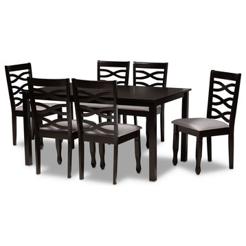 7 Pcs Contemporary Dining Set, Large Table & Cushioned Chairs With Cut Out Back