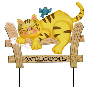 21" Welcome Cat Sleeping On Fence Garden Stake