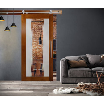 Genuine Solid Tropical Oak Wood Sliding Barn Door with Glass Insert, 48"x81" Inc
