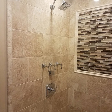 Travertine Tiles and Subway Brown Glass