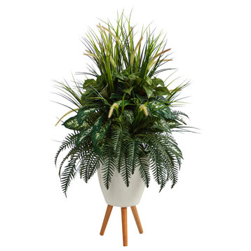 4.5' Mixed Greens Artificial Plant, White Planter With Legs