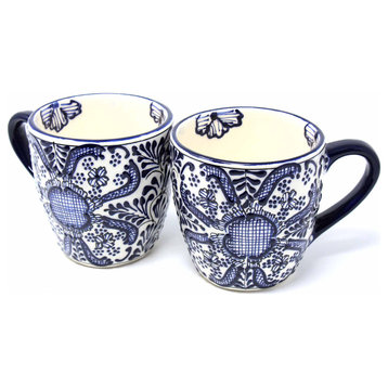 Handmade Mugs, Blue Flowers Pattern, Set of 2
