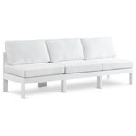 Meridian Furniture - Nizuc Water Resistant Patio Modular Straight Sofa, White, 3-Piece: 3 Armless Chair, White Aluminum Frame - Pick and choose your favorites from the Nizuc collection to create a modular seating group the whole gang will enjoy. The sturdy aluminum frame provides dependable support for friends and family as they relax and unwind, and the resilient white water resistant fabric stands up to the elements without losing its beautiful demeanor, so you can count on it lasting for the long haul. Latches beneath these seating pieces help you easily attach them to one another for convenient setup.