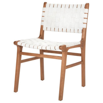 2 Pack Dining Chair, Sungkai Wood Frame With Woven Leather Seat, White/Natural