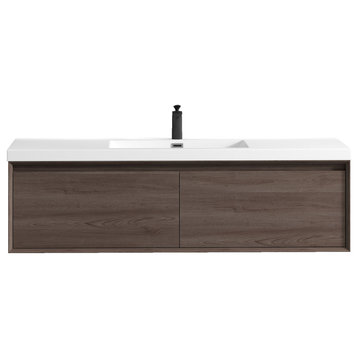 Aurora 60'' Single Sink Wall Mounted Modern Bathroom Vanity, Red Oak