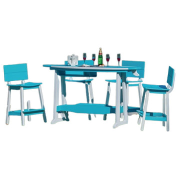 6' Surfboard Table, 4 Chairs, All Weather Outdoor Poly Set, Aruba Blue/White