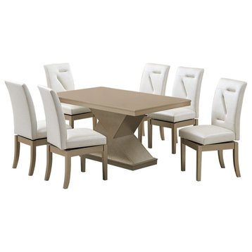 Legault 6 Piece Dining Set, White Vinyl and Gold Wood, Table, 6 Chairs