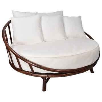 Bamboo Large Round Accent Sofa Chair With Cushion, Espresso With All White Covers