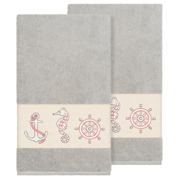 Linum Home Textiles Easton Embellished, Light Grey, Bath Towel, 2-Piece Set