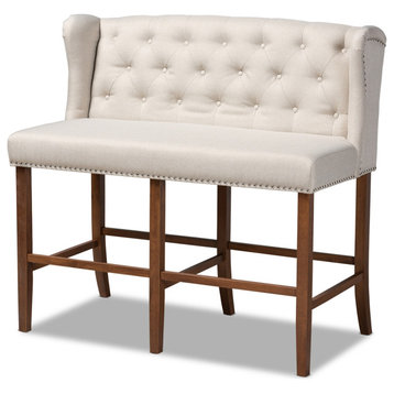 Modern Beige Fabric Upholstered Walnut Finished Button Tufted Bar Stool Bench