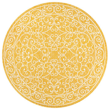 Charleston Filigree Textured Weave Indoor/Outdoor, Yellow/Cream, 5' Round
