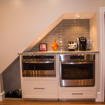 Warm Wood Transitional Kitchen Remodel | Granite Countertops & Tile Accent Wall