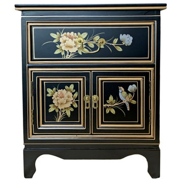 Black Lacquer Oriental Commode Hand Painted Floral