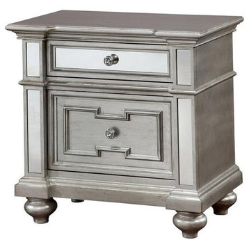 Traditional Nightstand, Mirrored Design With Bun Feet, Storage Drawers, Silver