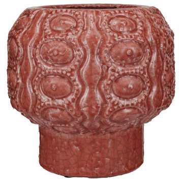Embossed Terra-cotta Footed Vase/Planter With Crackle Glaze, Coral