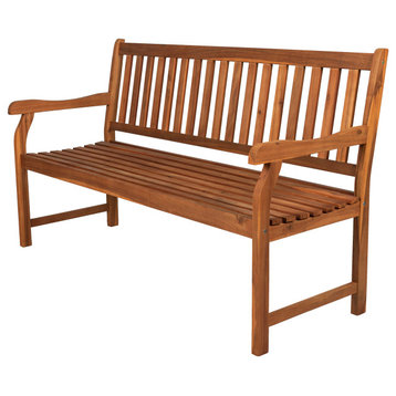 Laurel 59.1" 3-Seat Slat-Back Acacia Wood Outdoor Garden Patio Bench, Teak